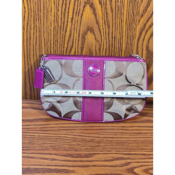 Coach Small Beige & Pink Signature Canvas Wristlet Bag With Zip Closure & Metal - Picture 2 of 9